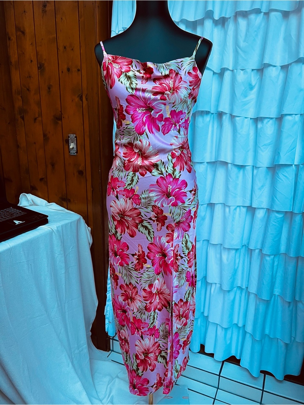 Paper Heart Pink Tropical Floral Satin Slip Maxi Dress Side Slit sizeXS